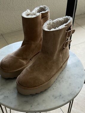 Bloomingdale's Tan Suede Faux Shearling Ankle Boots with Buckle Detail